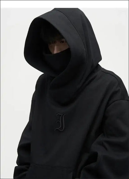 Autumn Ninja Streetwear Men’s Turtleneck Hoodie – Letter Embroidered Hip Hop Vintage Y2K Fleece Sweatshirt