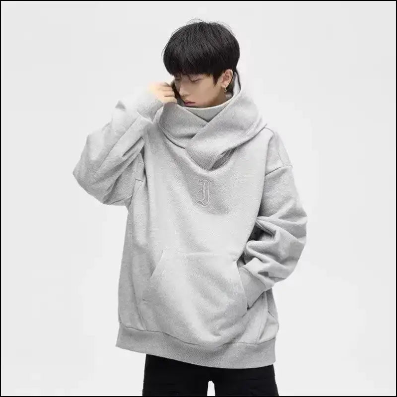 Autumn Ninja Streetwear Men’s Turtleneck Hoodie – Letter Embroidered Hip Hop Vintage Y2K Fleece Sweatshirt