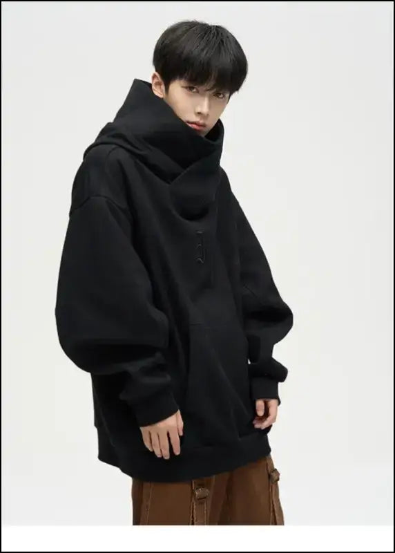 Autumn Ninja Streetwear Men’s Turtleneck Hoodie – Letter Embroidered Hip Hop Vintage Y2K Fleece Sweatshirt