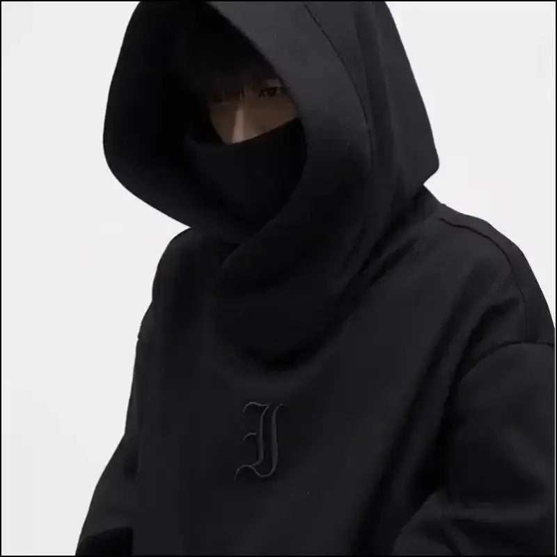 Autumn Ninja Streetwear Men’s Turtleneck Hoodie – Letter Embroidered Hip Hop Vintage Y2K Fleece Sweatshirt