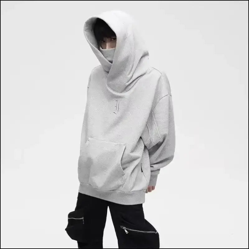 Autumn Ninja Streetwear Men’s Turtleneck Hoodie – Letter Embroidered Hip Hop Vintage Y2K Fleece Sweatshirt