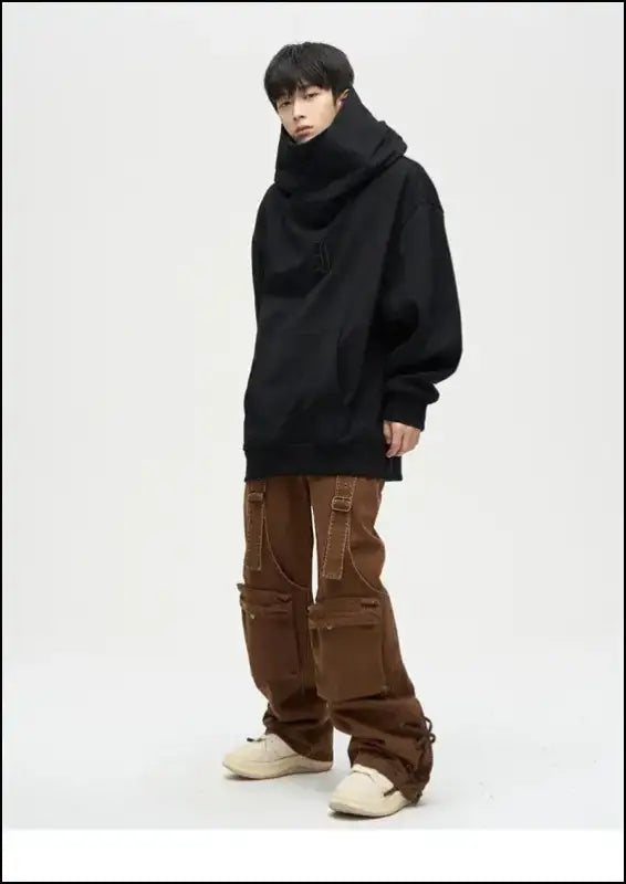 Autumn Ninja Streetwear Men’s Turtleneck Hoodie – Letter Embroidered Hip Hop Vintage Y2K Fleece Sweatshirt
