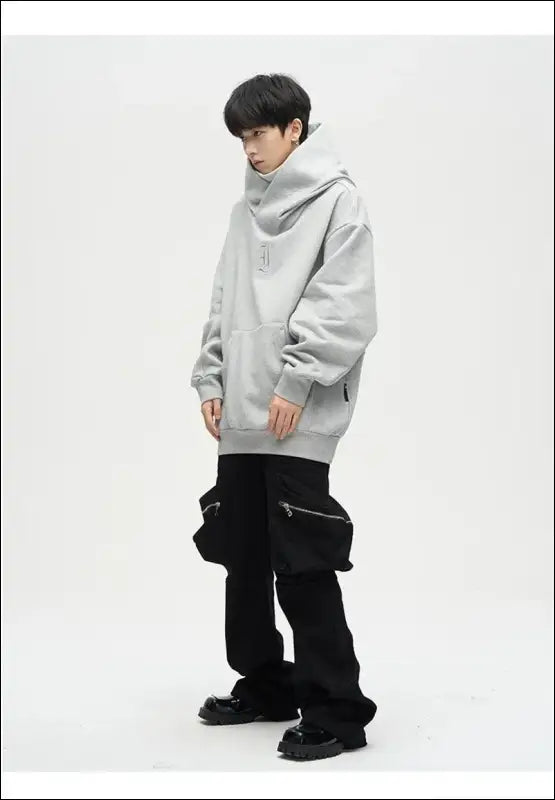 Autumn Ninja Streetwear Men’s Turtleneck Hoodie – Letter Embroidered Hip Hop Vintage Y2K Fleece Sweatshirt