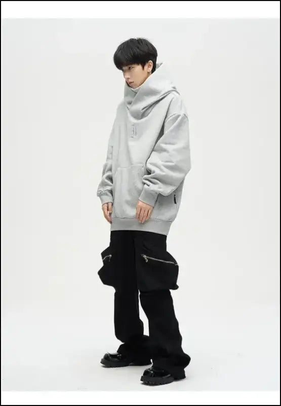 Autumn Ninja Streetwear Men’s Turtleneck Hoodie – Letter Embroidered Hip Hop Vintage Y2K Fleece Sweatshirt