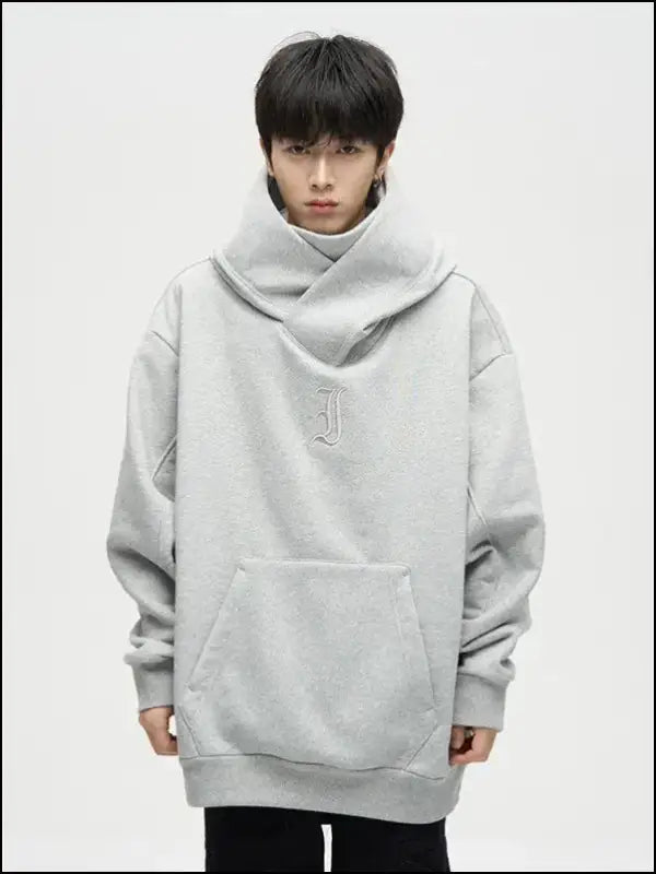 Autumn Ninja Streetwear Men’s Turtleneck Hoodie – Letter Embroidered Hip Hop Vintage Y2K Fleece Sweatshirt - GRAY