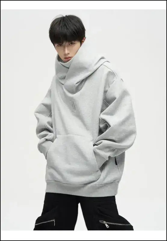 Autumn Ninja Streetwear Men’s Turtleneck Hoodie – Letter Embroidered Hip Hop Vintage Y2K Fleece Sweatshirt