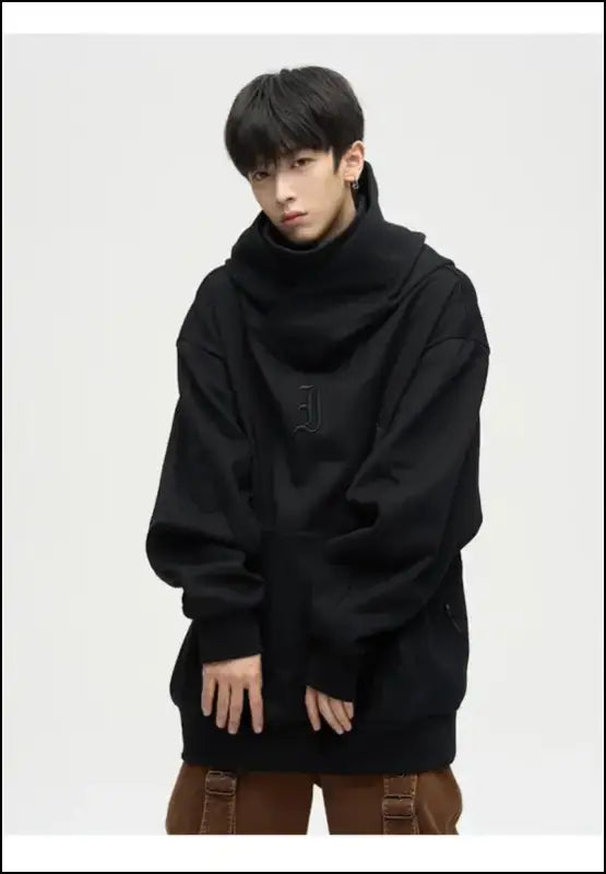 Autumn Ninja Streetwear Men’s Turtleneck Hoodie – Letter Embroidered Hip Hop Vintage Y2K Fleece Sweatshirt