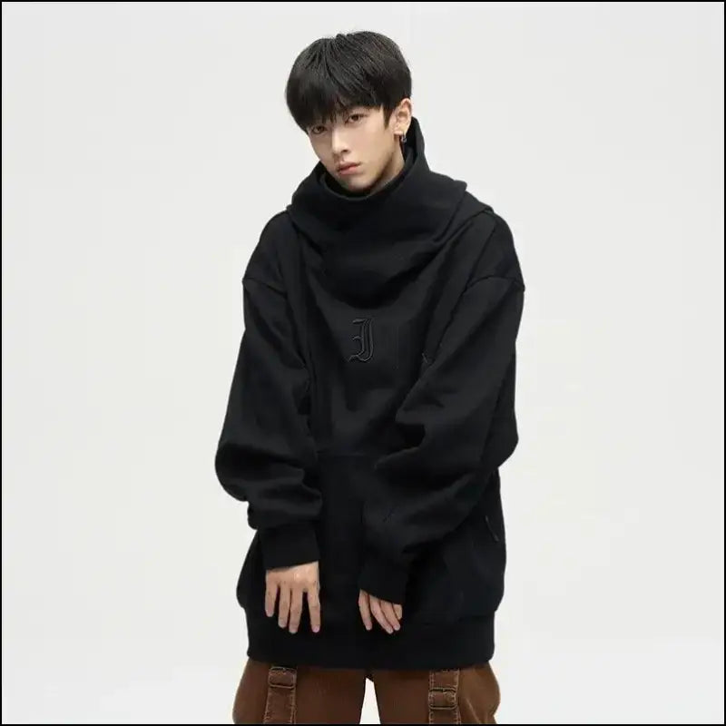 Autumn Ninja Streetwear Men’s Turtleneck Hoodie – Letter Embroidered Hip Hop Vintage Y2K Fleece Sweatshirt