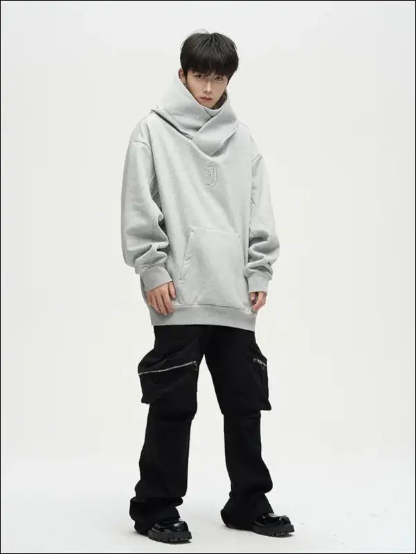 Autumn Ninja Streetwear Men’s Turtleneck Hoodie – Letter Embroidered Hip Hop Vintage Y2K Fleece Sweatshirt