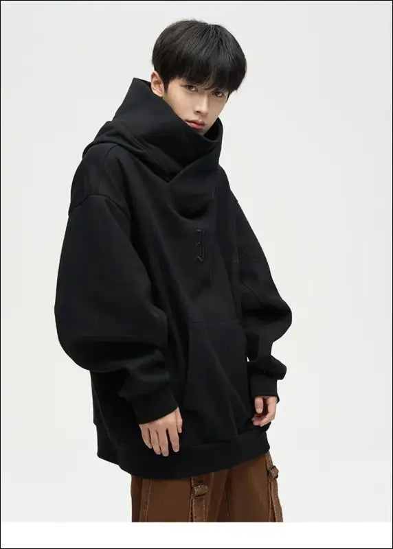 Autumn Ninja Streetwear Men’s Turtleneck Hoodie – Letter Embroidered Hip Hop Vintage Y2K Fleece Sweatshirt