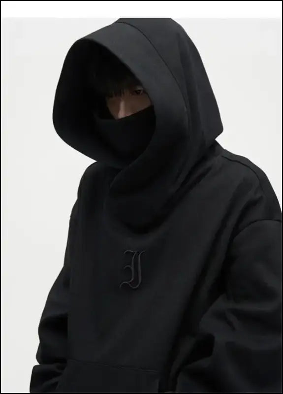 Autumn Ninja Streetwear Men’s Turtleneck Hoodie – Letter Embroidered Hip Hop Vintage Y2K Fleece Sweatshirt