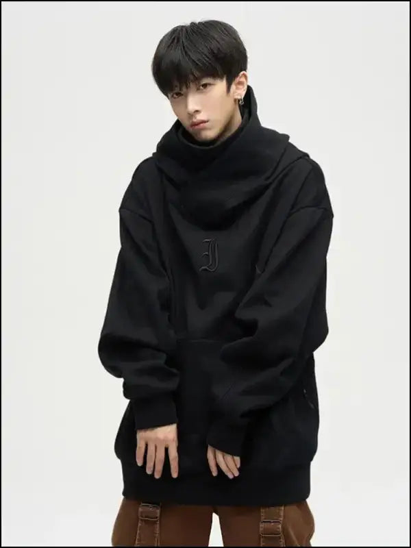 Autumn Ninja Streetwear Men’s Turtleneck Hoodie – Letter Embroidered Hip Hop Vintage Y2K Fleece Sweatshirt