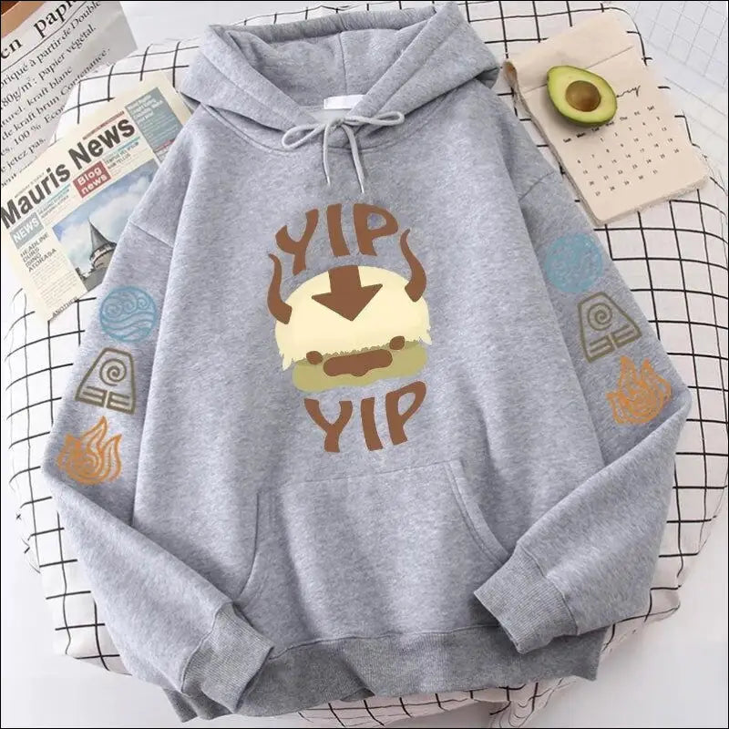 ’Avatar The Last Airbender Appa YIP Hoodie - Plus Size Anime Sweatshirt for Men & Women Autumn Streetwear’ - gray