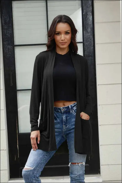 Basic Bae Full Size Open Front Long Sleeve Cardigan with Pockets - Black / S