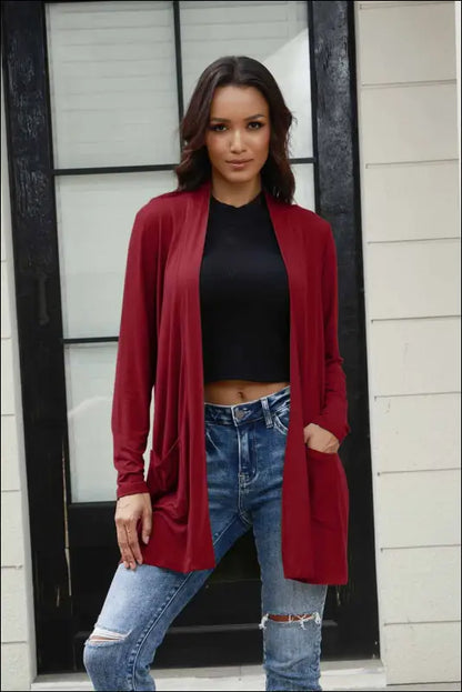 Basic Bae Full Size Open Front Long Sleeve Cardigan with Pockets - Deep Red / S