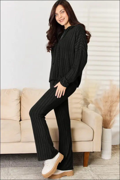 Basic Bae Full Size Ribbed Drawstring Hooded Top and Straight Pants Set