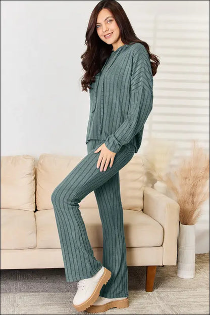 Basic Bae Full Size Ribbed Drawstring Hooded Top and Straight Pants Set