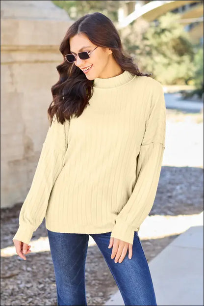 Basic Bae Full Size Ribbed Exposed Seam Mock Neck Knit Top - Light Yellow / S