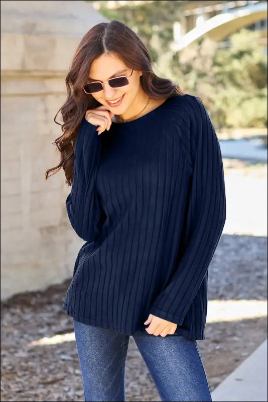Basic Bae Full Size Ribbed Round Neck Long Sleeve Knit Top - Dark Blue / S