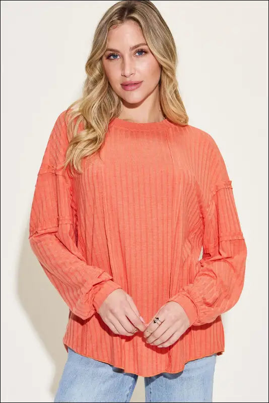 Basic Bae Full Size Ribbed Round Neck Long Sleeve T-Shirt - Orange / S