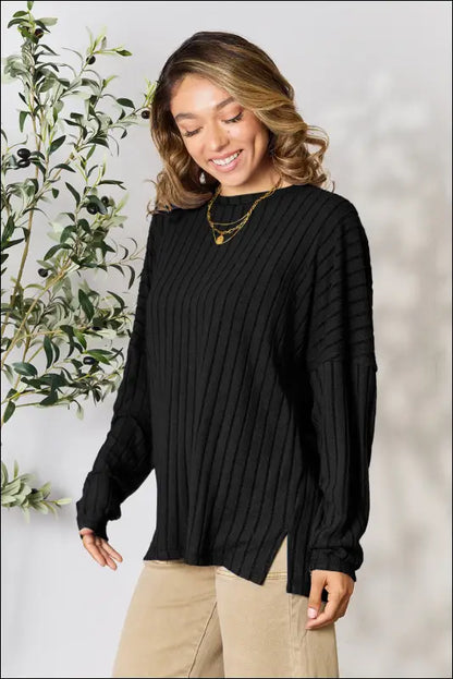 Basic Bae Full Size Ribbed Round Neck Slit Knit Top