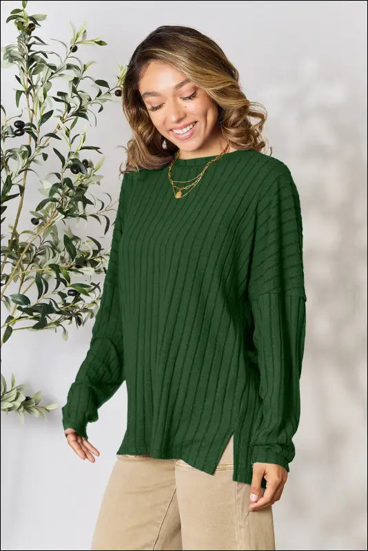 Basic Bae Full Size Ribbed Round Neck Slit Knit Top - Dark Green / S