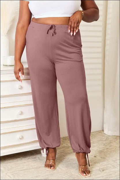 Basic Bae Full Size Soft Rayon Drawstring Waist Pants with Pockets - Dusty Pink / S