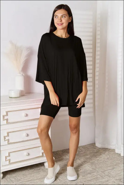 Basic Bae Full Size Soft Rayon Three-Quarter Sleeve Top and Shorts Set - Black / S