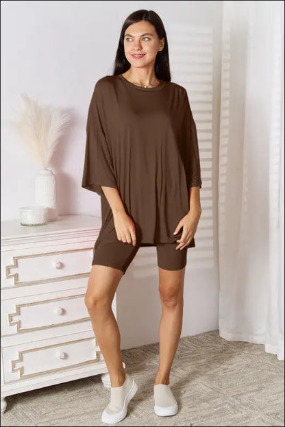 Basic Bae Full Size Soft Rayon Three-Quarter Sleeve Top and Shorts Set - Chocolate / S
