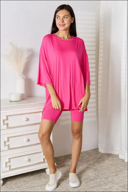 Basic Bae Full Size Soft Rayon Three-Quarter Sleeve Top and Shorts Set - Hot Pink / S