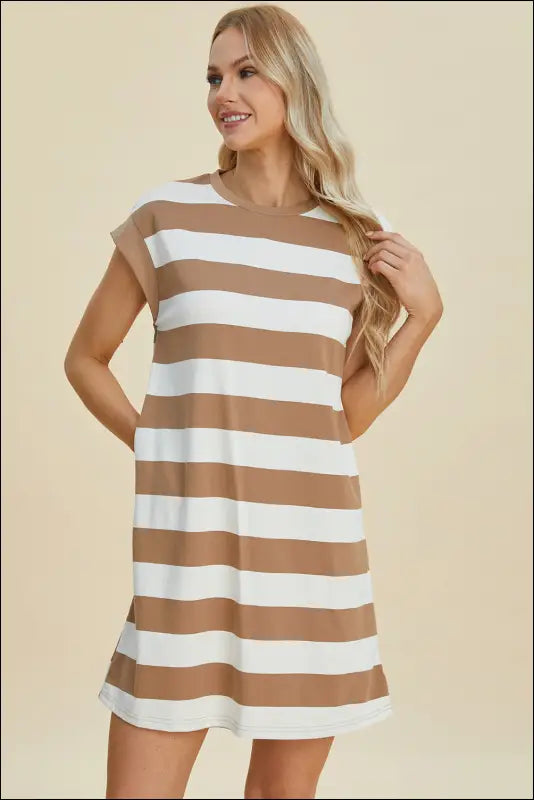 Basic Bae Full Size Striped Round Neck Cap Sleeve Mini Dress