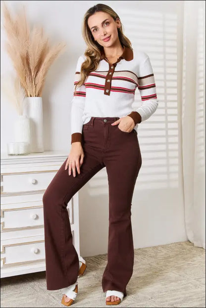 Basic Bae Striped Collared Neck Rib-Knit Top