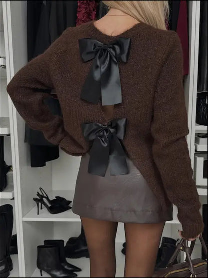 Bow Slit Back Round Neck Sweater - Coffee Brown / S