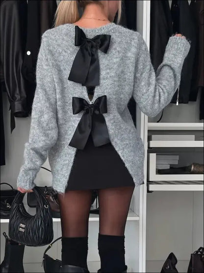 Bow Slit Back Round Neck Sweater - Gray / S