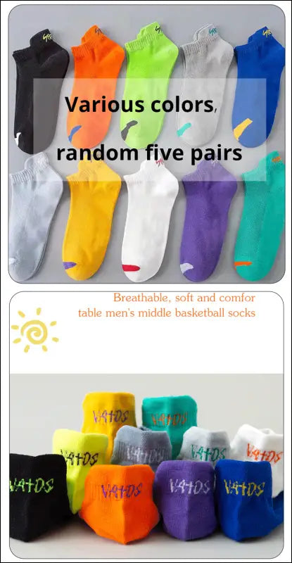 Bright Color Ankle No Show Socks Men’s Breathable Running Deodorant Invisible Sport Street Fashion Travel 5 Pairs