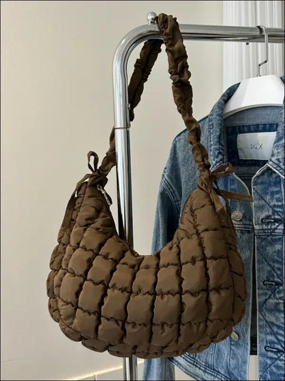Bubble Texture Ruched Strap Quilted Shoulder Bag - Brown / One Size
