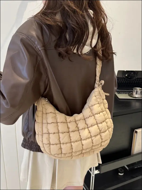 Bubble Texture Ruched Strap Quilted Shoulder Bag - Khaki / One Size