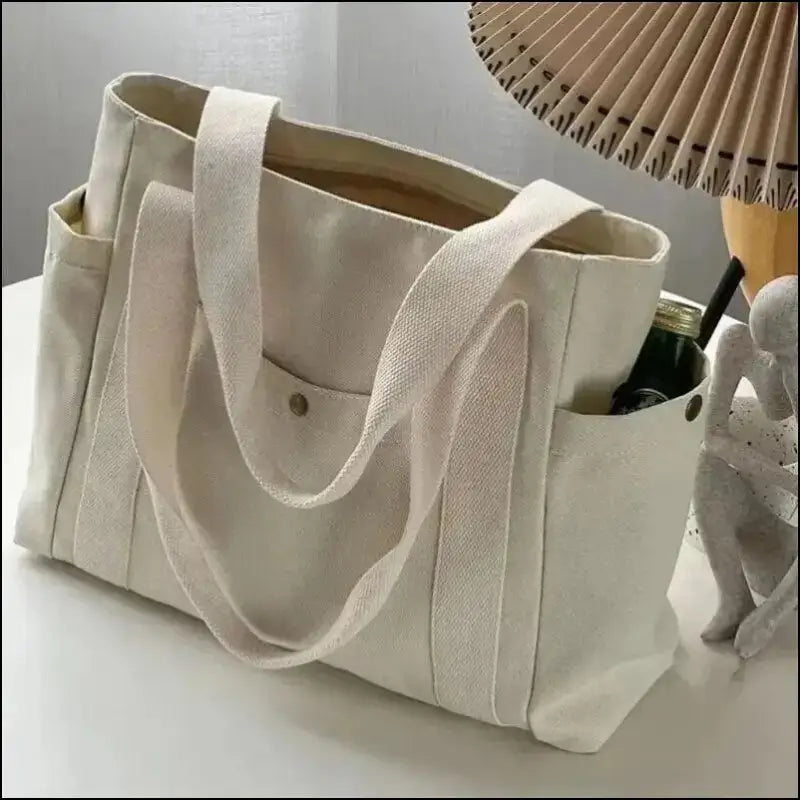 Canvas Women’s Shoulder Bag - Large Capacity Handbag with Multiple Outer Pockets Zipper Closure Shopping & Student