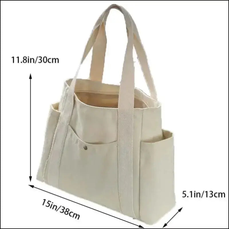 Canvas Women’s Shoulder Bag - Large Capacity Handbag with Multiple Outer Pockets Zipper Closure Shopping & Student Tote