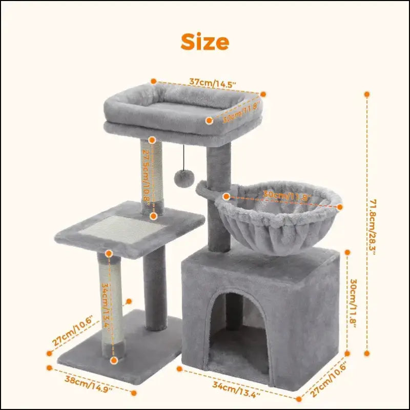 Cat Tree Tower for Indoor Cats with Scratching Posts Big Hammock & Removable Perch – 2 Styles Grey Activity - tree