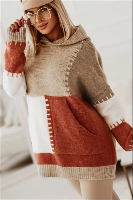 Color Block Kangaroo Pocket Hooded Sweater