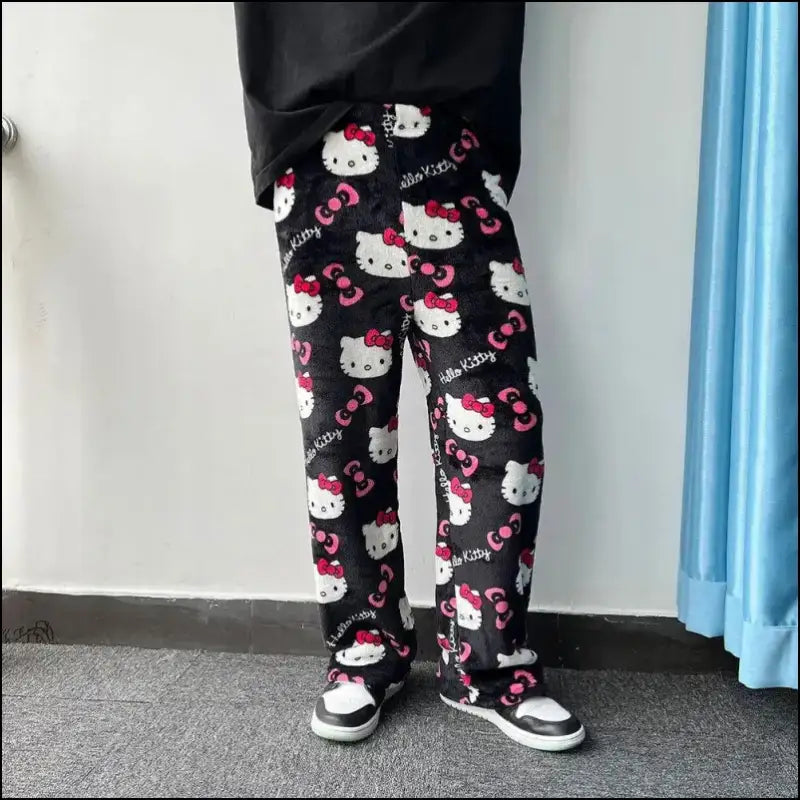 ’Cozy Up in Style: Hello Kitty Black Flannel Pajamas for Women – Warm Woolen & Perfect Autumn/Winter!’ - women