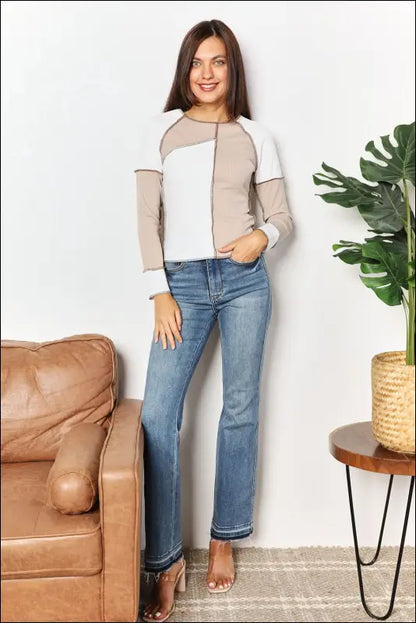 Double Take Color Block Exposed Seam Top
