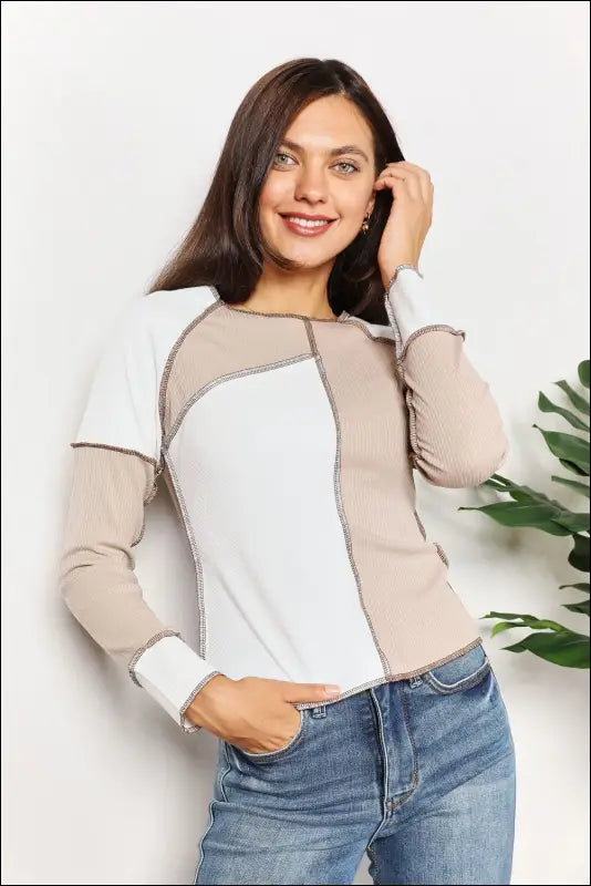 Double Take Color Block Exposed Seam Top - Khaki / S