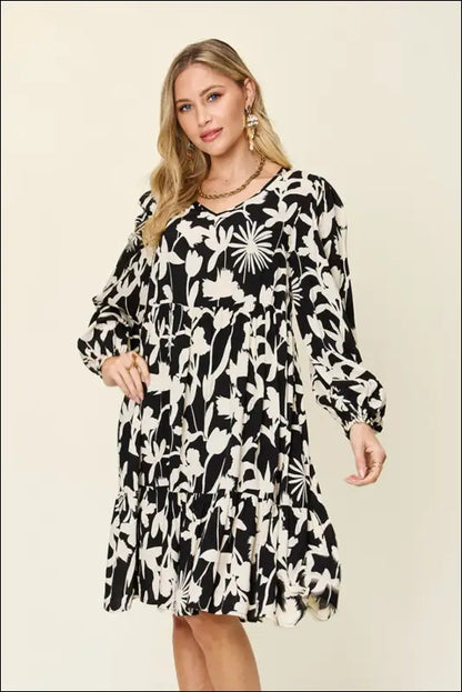 Double Take Full Size Printed Ruffle Hem Dress with Pocket - Black / S