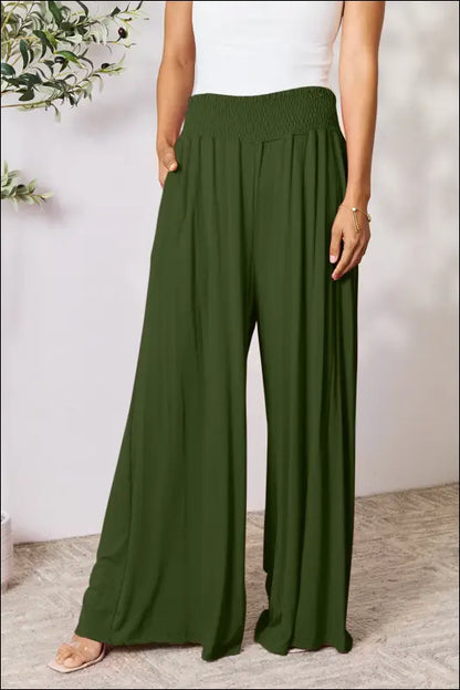 Double Take Full Size Smocked Wide Waistband Leg Pants - Army Green / S