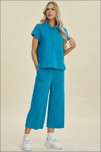 Double Take Full Size Texture Drawstring Short Sleeve Hoodie and Pocketed Pants Set