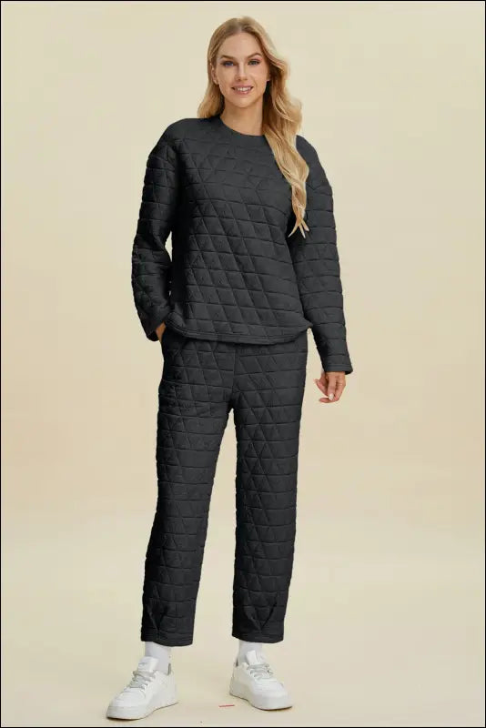 Double Take Full Size Texture Round Neck Long Sleeve Top and Pants Set - Black / S