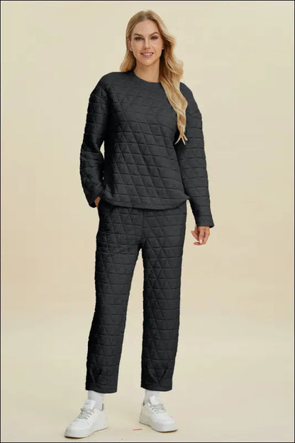 Double Take Full Size Texture Round Neck Long Sleeve Top and Pants Set - Black / S