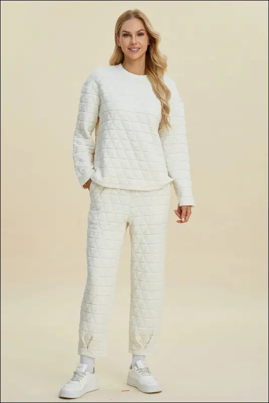Double Take Full Size Texture Round Neck Long Sleeve Top and Pants Set - Beige / S